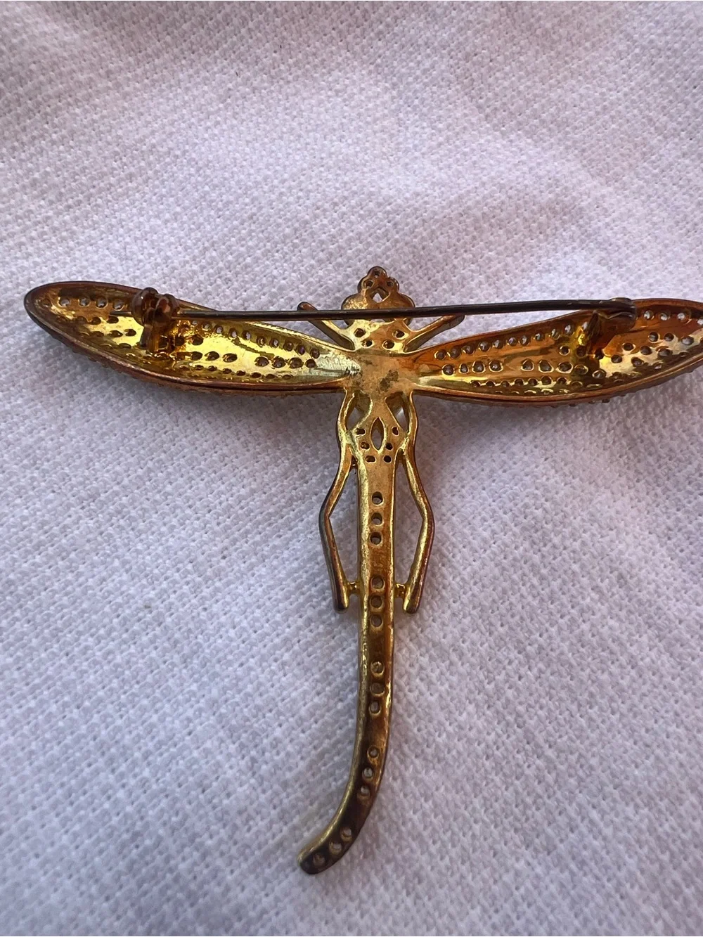 Vintage Art Deco Gold Dragonfly Brooch with Pearl Crystal and Green Accents